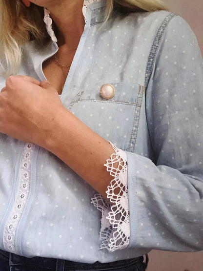 Lace Trim Patchwork Dotted Print Collared Blouse