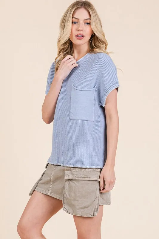 Lime 'N' Chili Solid Cap Sleeve Stitch Edge Knit Sweater