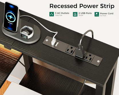 48-Inch Gaming Desk with Power Outlets & LED Light, Reversible PC Desk with Fabric Drawer and File Cabinet, Computer Desk with Keyboard Tray, Table with Full Monitor Riser and PC Stand, Black-4