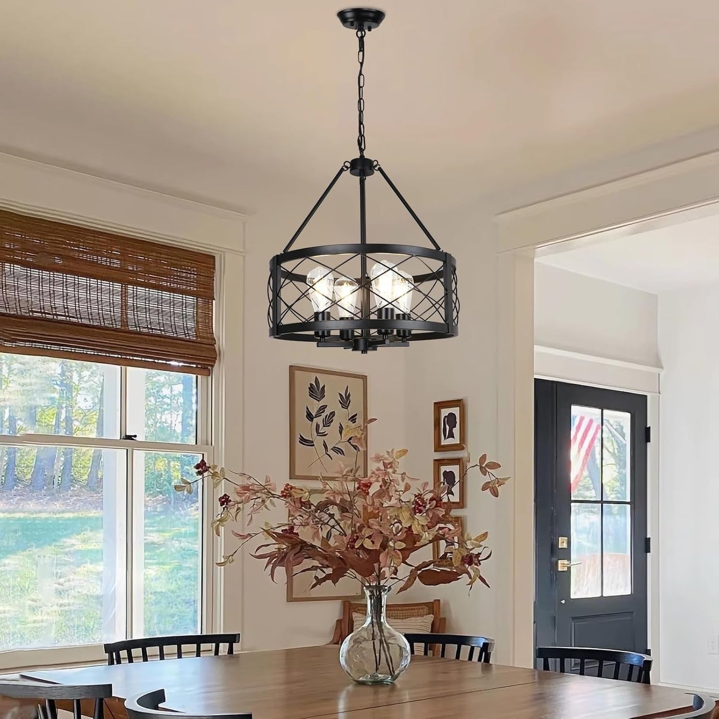Black Industrial Chandelier 4 Light Drum Fixture Living Room-4