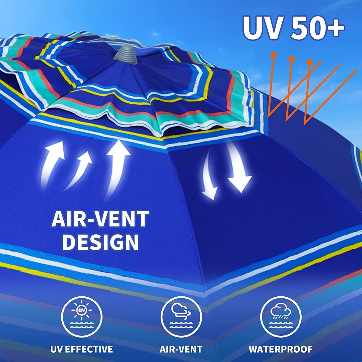 7Ft Heavy Duty High Wind Beach Umbrella Parasols with Sand Anchor & Tilt Sun Shelter, UV 50+ Protection Outdoor Sunshade Umbrellas Carry Bag for Patio Garden Pool Backyard Stripe Blue-2