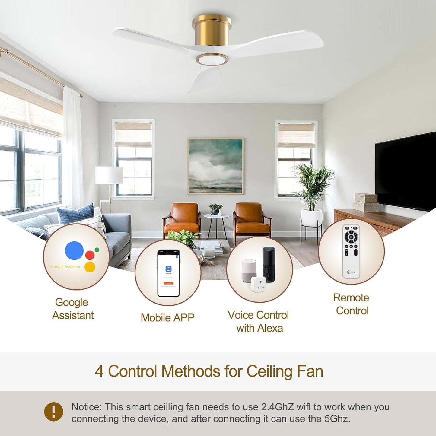 52 Inch Smart Ceiling Fan with Light and Remote, Indoor 3 Blade White Gold Low Profile Flush Mount Modern Ceiling Fan for Bedroom Living Room-4