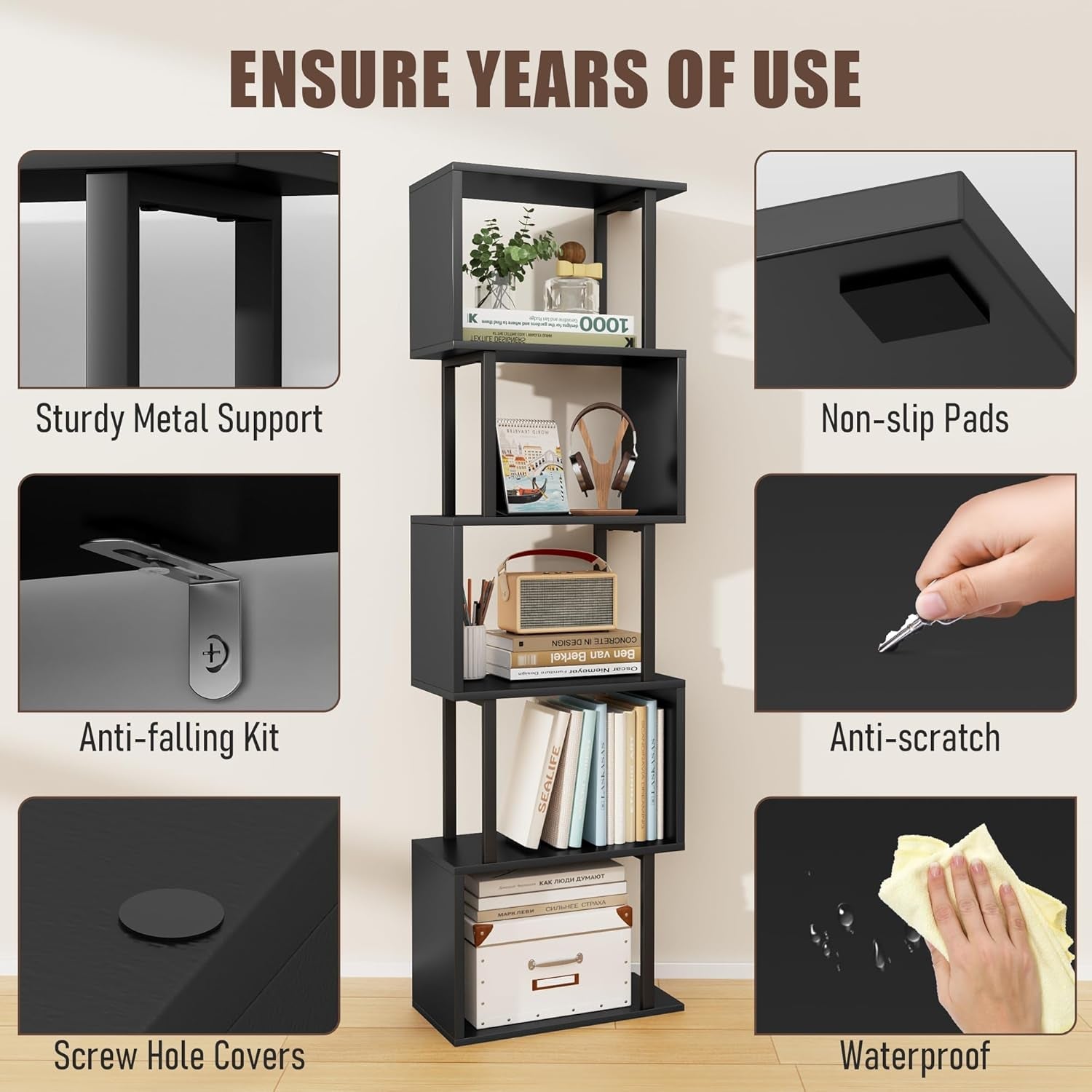 5-Tier Bookshelf, Tall S-Shaped Geometric Bookcase, Wood and Metal Decorative Storage Shelving, Modern Freestanding Display Shelves, Book Shelf Unit for Living Room Bedroom Home Office, Black-3