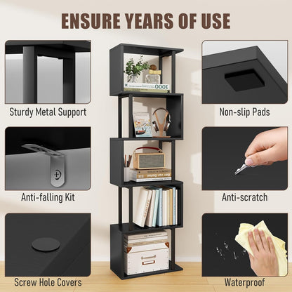 5-Tier Bookshelf, Tall S-Shaped Geometric Bookcase, Wood and Metal Decorative Storage Shelving, Modern Freestanding Display Shelves, Book Shelf Unit for Living Room Bedroom Home Office, Black-3