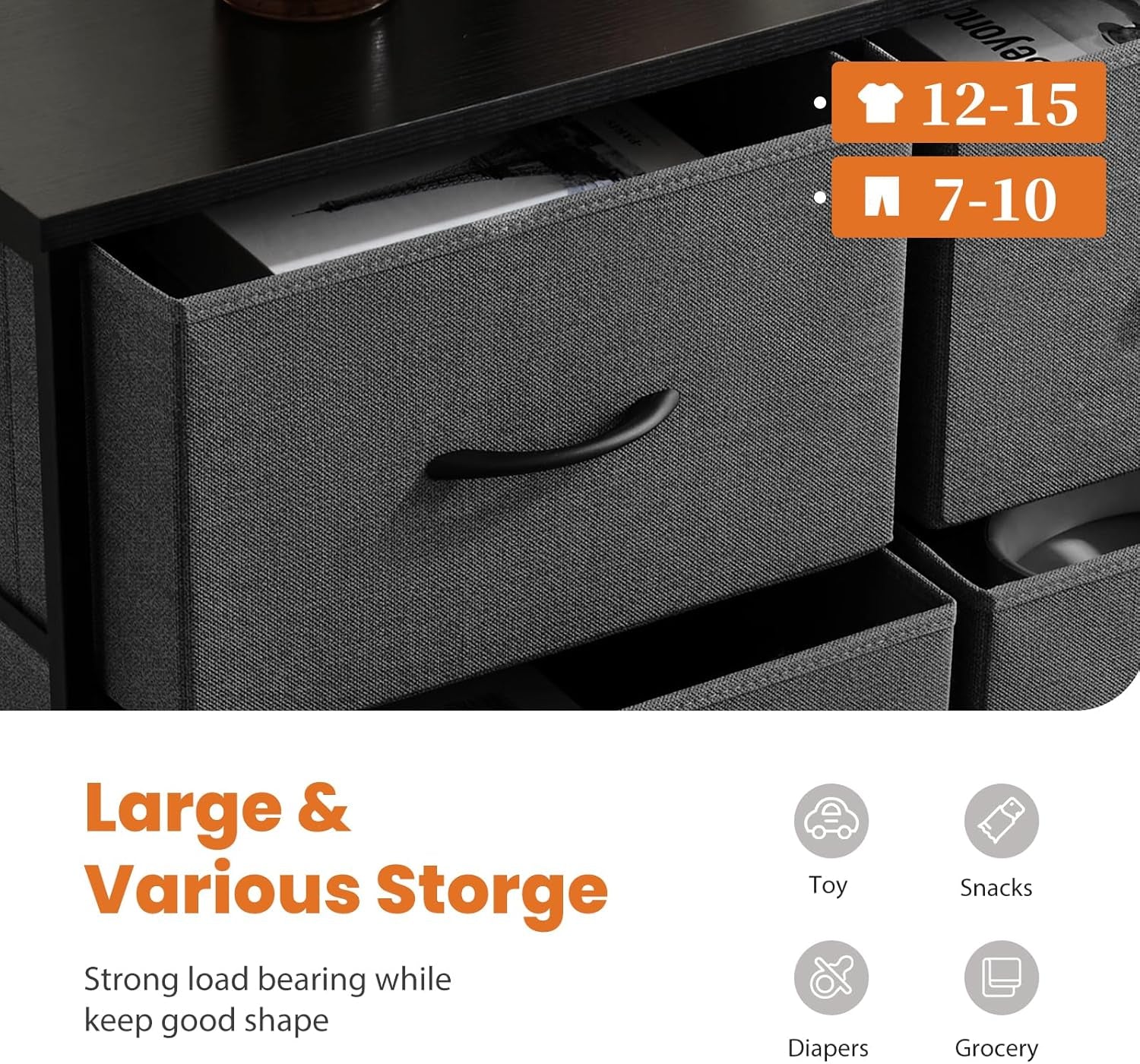 Dresser, Tall Dresser for Bedroom, Drawer Dresser Organizer Storage Drawers with 10 Drawers, Chest of Drawers with Fabric Bin, Steel Frame, Wood Top for Bedroom, Closet, Entryway-3