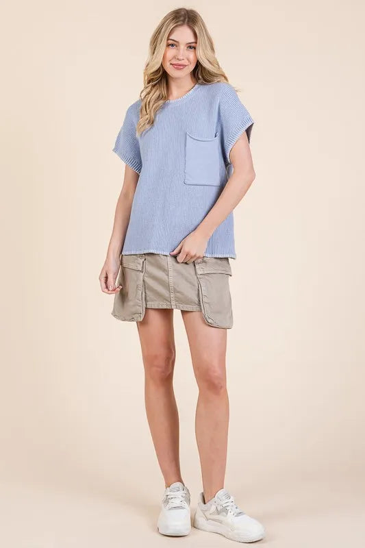 Lime 'N' Chili Solid Cap Sleeve Stitch Edge Knit Sweater