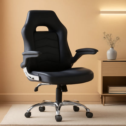 Home Gaming Ergonomic Office Flip-Up Armrest and Height Adjustable Desk Splicing PU Leather Computer Chair with Lumbar Support, Black (3959-BKZ6)-0