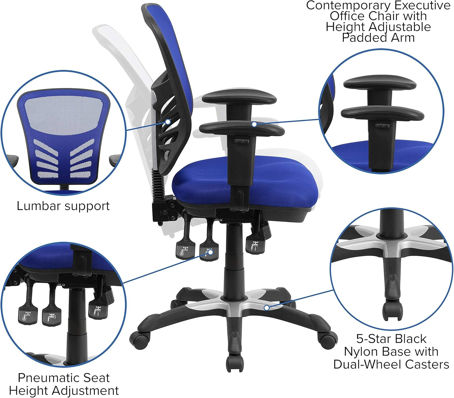 Nicholas Mid-Back Swivel Office and Gaming Chair, Ergonomic Mesh Office Chair with Adjustable Lumbar Support and Height, Blue-3