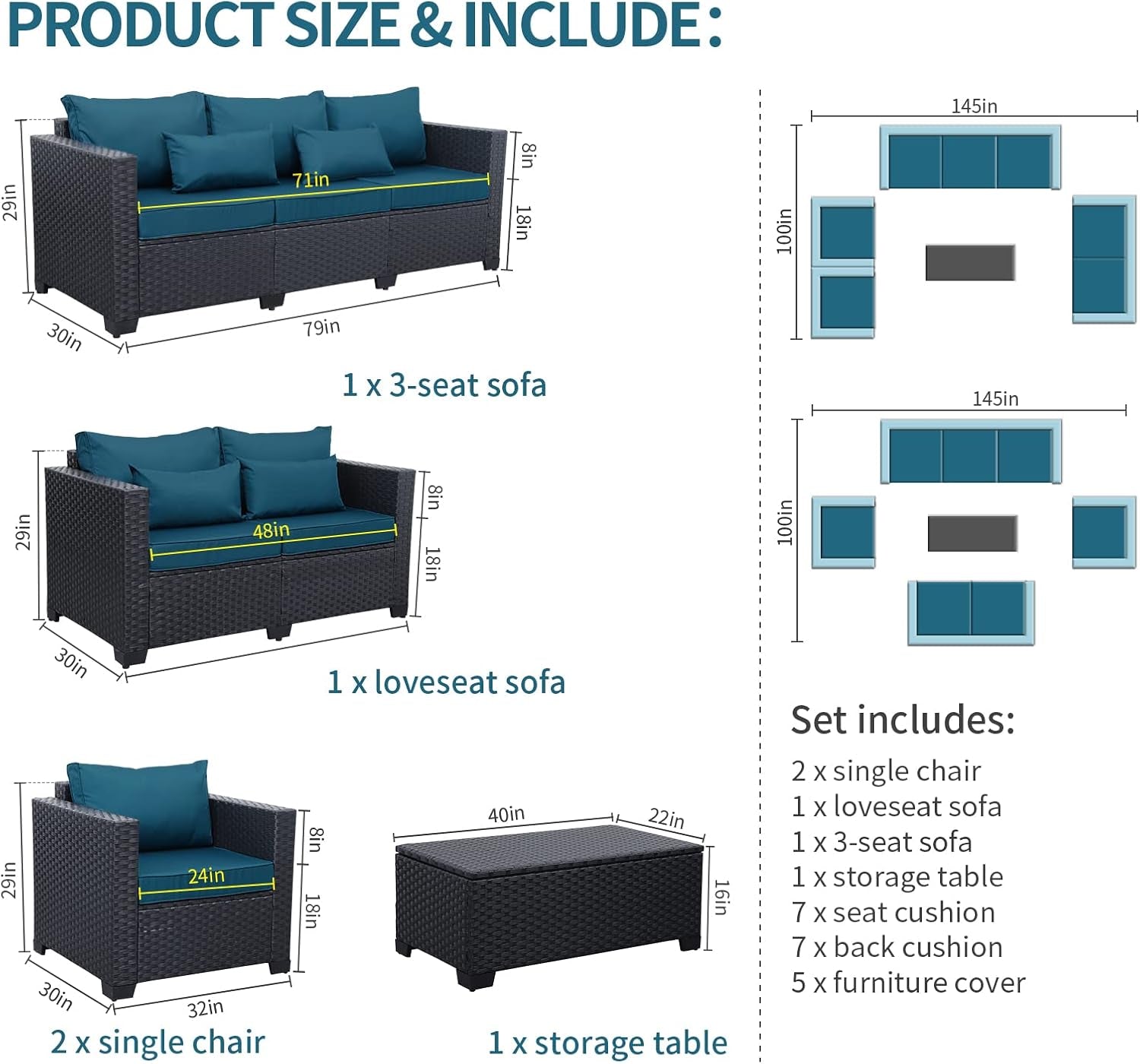 Patio Furniture Set 5 Pieces Outdoor Furniture Sets Patio Couch Outdoor Chairs Coffee Table Peacock Blue Anti-Slip Cushions and Waterproof Covers-4