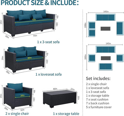 Patio Furniture Set 5 Pieces Outdoor Furniture Sets Patio Couch Outdoor Chairs Coffee Table Peacock Blue Anti-Slip Cushions and Waterproof Covers-4