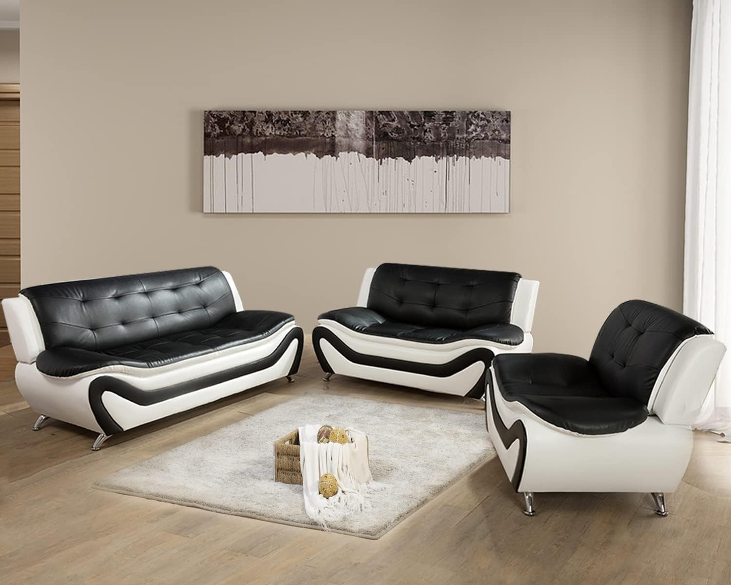Contemporary Living Room Furniture Set, Vegan Leather Sofa Set for Living Room/House/Bedroom/Office/Apartment (White/Black, 3 PCS), F45&F46-2