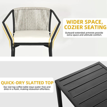 3 Pieces Patio Set Wicker Furniture Outdoor Table and Chairs Rattan Chair Conversation Sets with Cushions & Coffee Table for Porch Backyard Poolside Garden, Gray-4