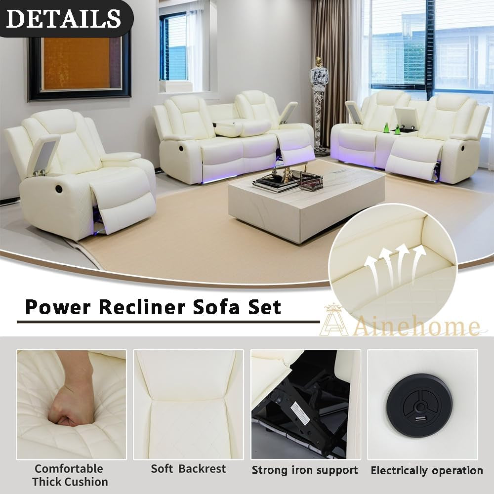 Luxury Living Room Furniture Sets Power Recliner Sectional Sofa Recliner Couch Set Recliner Leather Couch and Recliner Set Loveseat Chair for House/Office/Theater Seating(Creamy White)-3