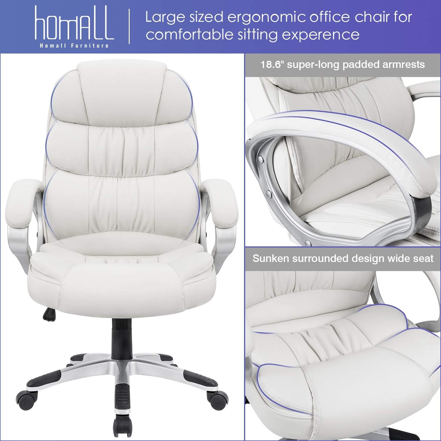 Office Chair High Back Computer Desk Chair, PU Leather Adjustable Height Modern Executive Swivel Task with Padded Armrests and Lumbar Support (White)-4
