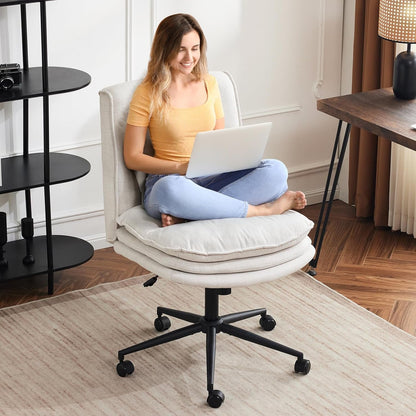 Cloud Criss Cross Legged Chair,18" High Back Armless Home Office Desk Chair with Wheels,Wide Adjustable Comfy Padded Seat Task Computer Chair,Modern Swivel Makeup Vanity Chair,Fabric,Beige-0