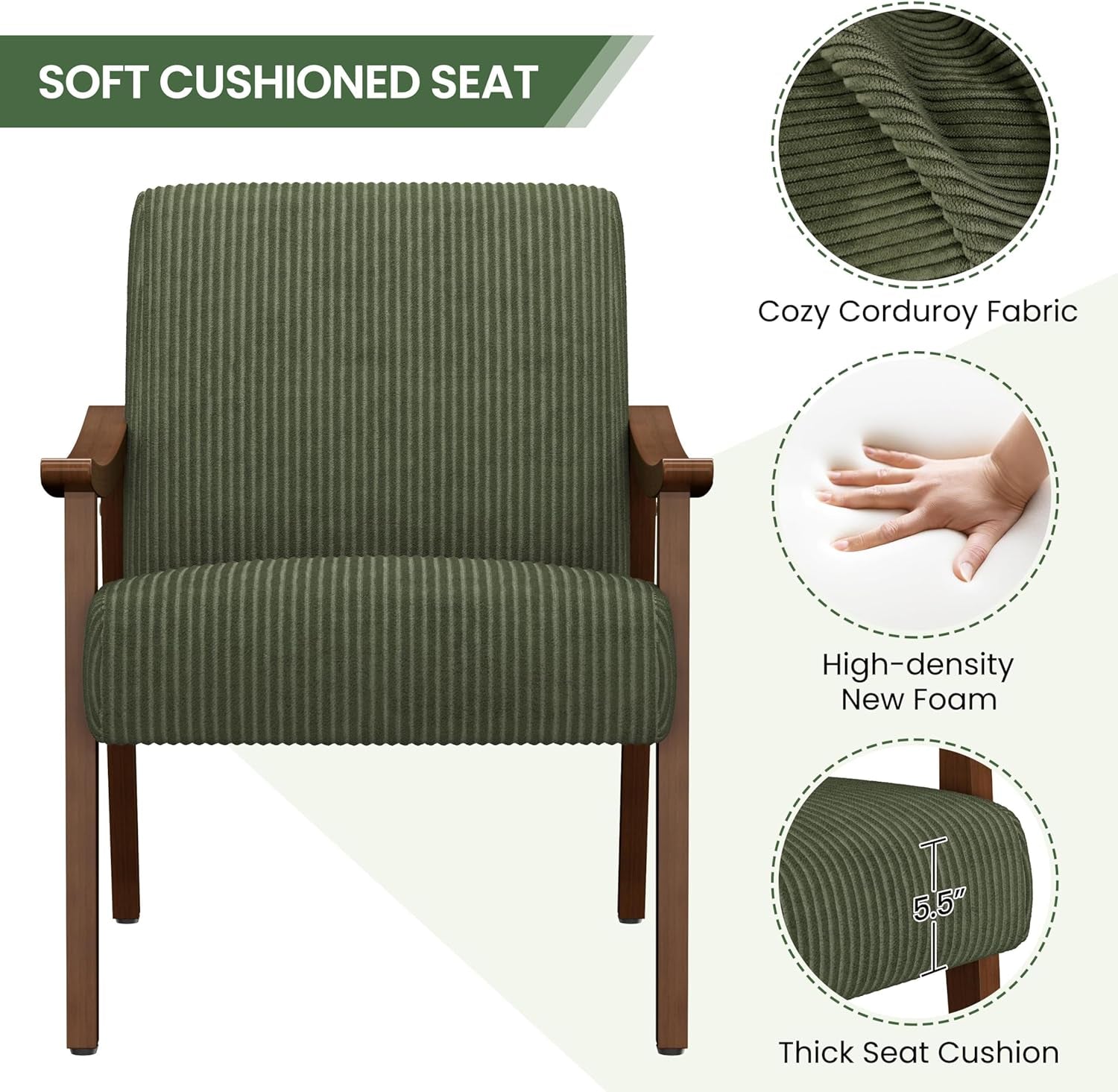 Dark Green Corduroy Armchair Mid-Century Solid Wood-4