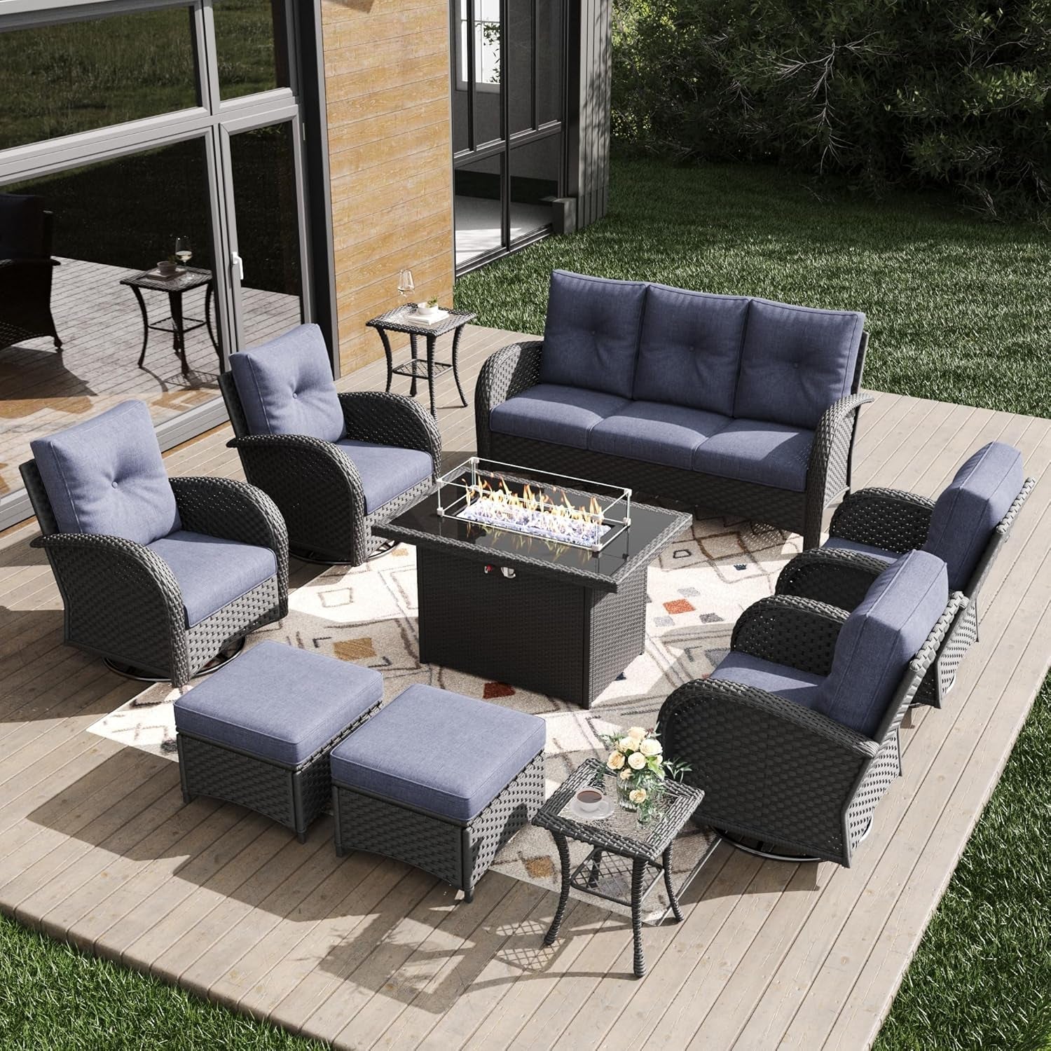 Outdoor Patio Furniture Sets with Fire Pit Table 10 Pieces Wicker Swivel Rocker Chairs and Sofa Sets for Backyard Deck-0