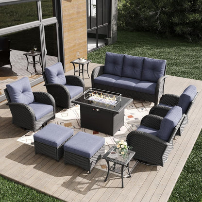Outdoor Patio Furniture Sets with Fire Pit Table 10 Pieces Wicker Swivel Rocker Chairs and Sofa Sets for Backyard Deck-0