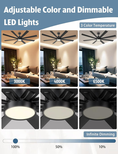 62 Inch Large Ceiling Fans with Lights and Remote - Wood/Matte Black Ceiling Fan, Quiet DC Motor, 3 CCT, Modern Dimmable LED Lighting & Large Ceiling Fans for Living Room Patio, Indoor/Outdoor-1