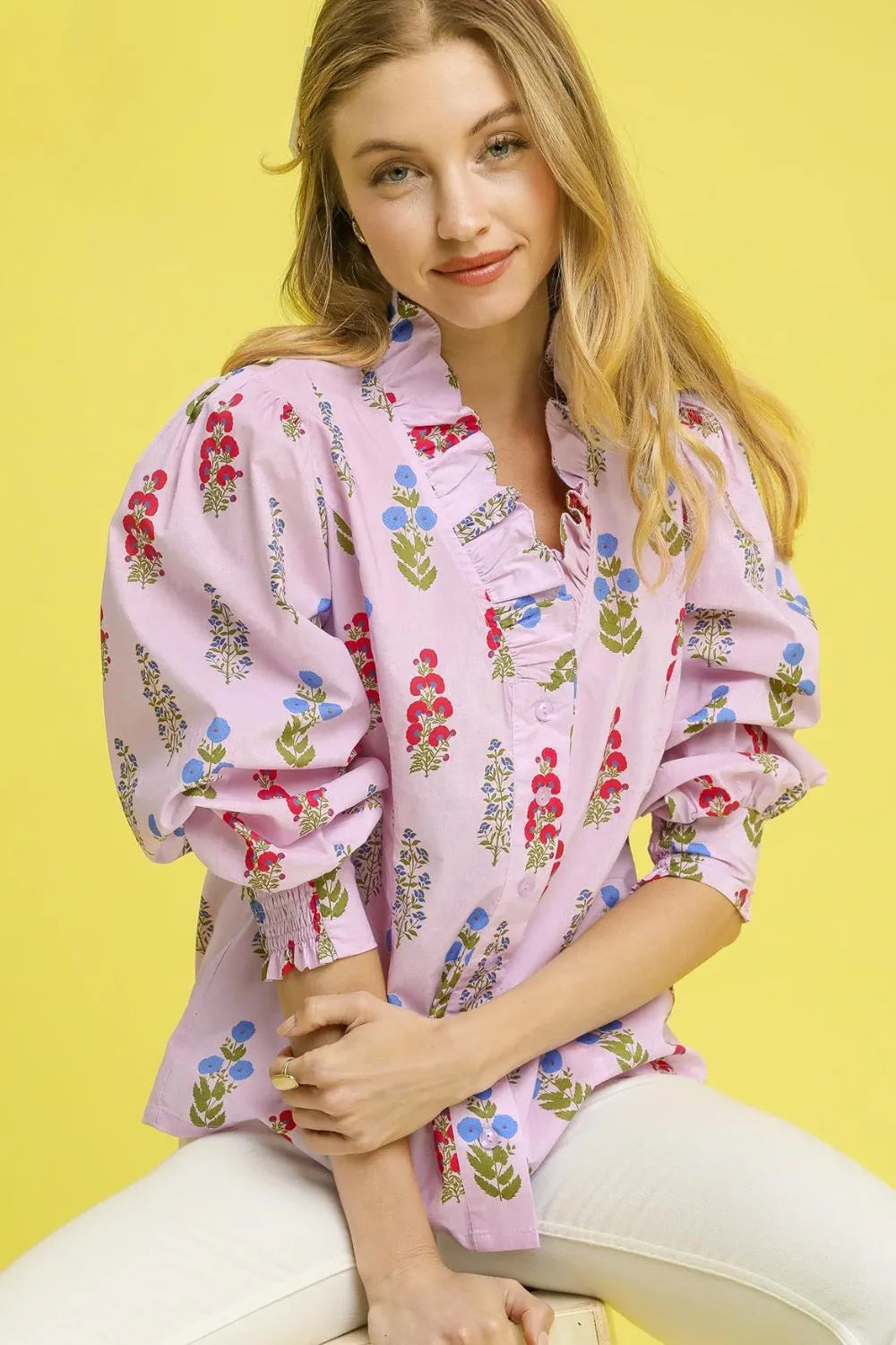 Umgee Floral Print Lantern Sleeve Button Down Shirt