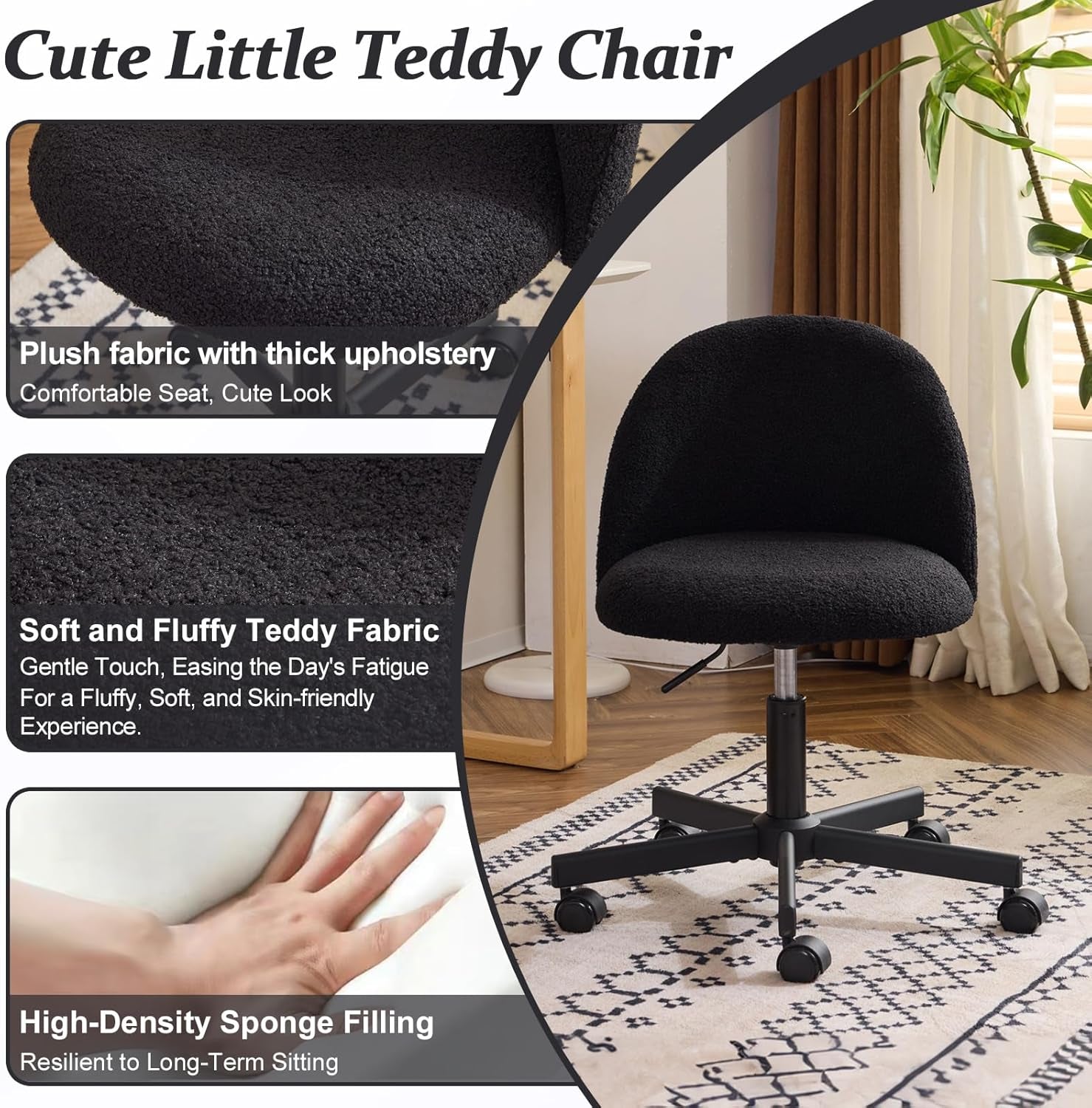 Candy Chair Armless Cute Desk Chair,Comfy Small Office Chair with Wheels,Vanity Chair with Lumbar Support,Teddy Adjustable Rolling Swivel Computer Task Chair for Home Office,Bedroom,Jet Black-4