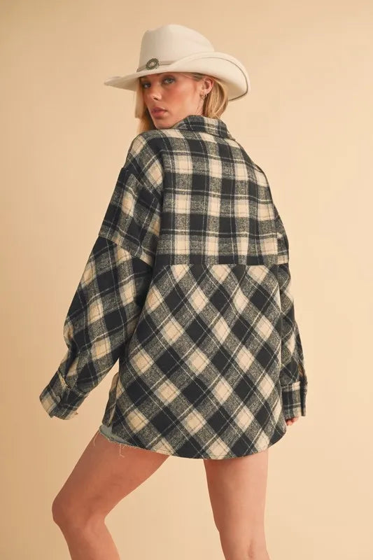 Aemi + Co Slit Plaid Half Zip Drop Shoulder Top