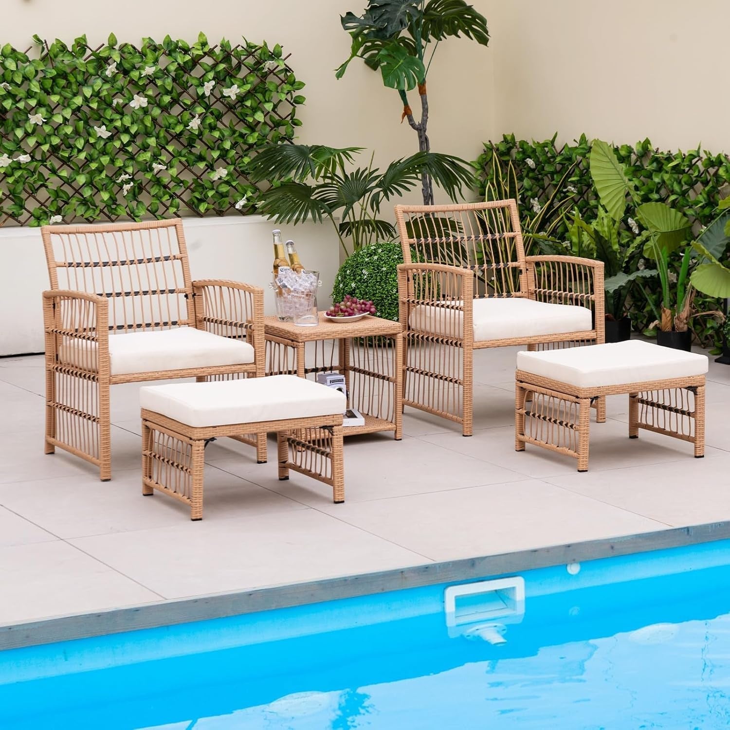 5 Piece Patio Wicker Sofa Set, Outdoor Rattan Conversation Set with Seat Cushions, 2-Tier Coffee Table & 2 Ottomans, Wicker Sofa Set for Backyard, Poolside (Natural)-1