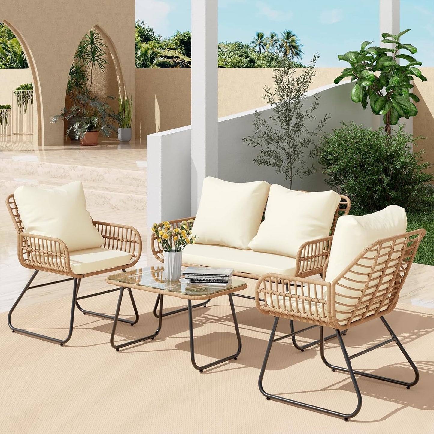 Stylish Four-Piece Outdoor Rattan Furniture Set with Cushions-0