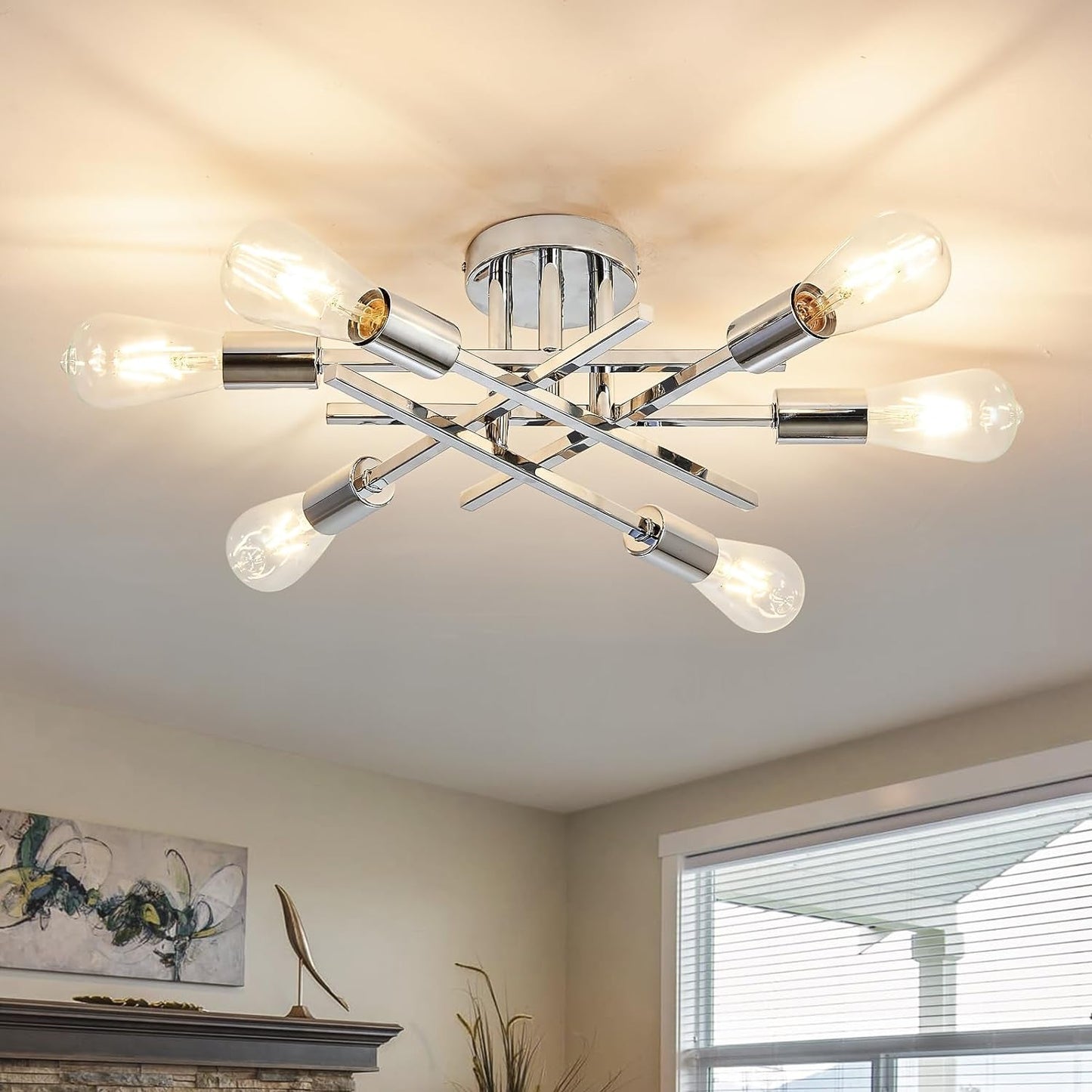 6-Lights Semi Flush Mount Ceiling Light Fixture Modern Chrome Matte Sputnik Chandelier Farmhouse Ceiling Lighting for Kitchen Bedroom Dining Room Living Room-1