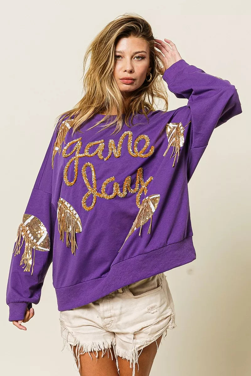 BiBi Sequin Football Patches Game Day Sweatshirt