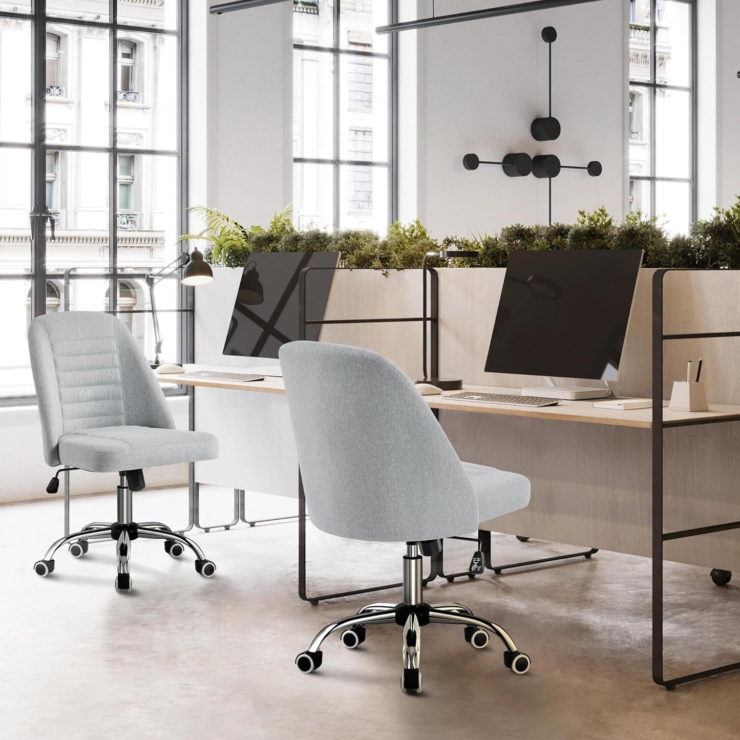 Home Office Desk Chairs, Modern Armless Vanity Chair, Mid Back Desk Chair, Linen Fabric Computer Task Chair with Rolling Wheels, Metal Base-1