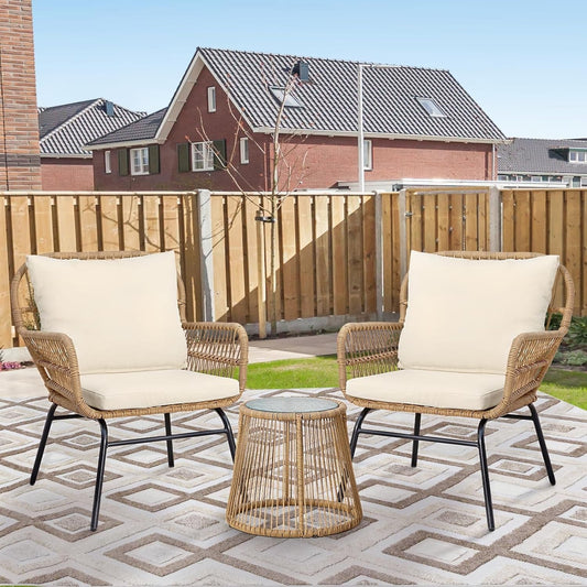 Set of 3 Boho Outdoor Patio Furniture Sets with round Tempered Glass Table, Small Size Wicker Conversation Sectional Chair Sets for Backyard, Porch, Deck, Garden, Balcony-0