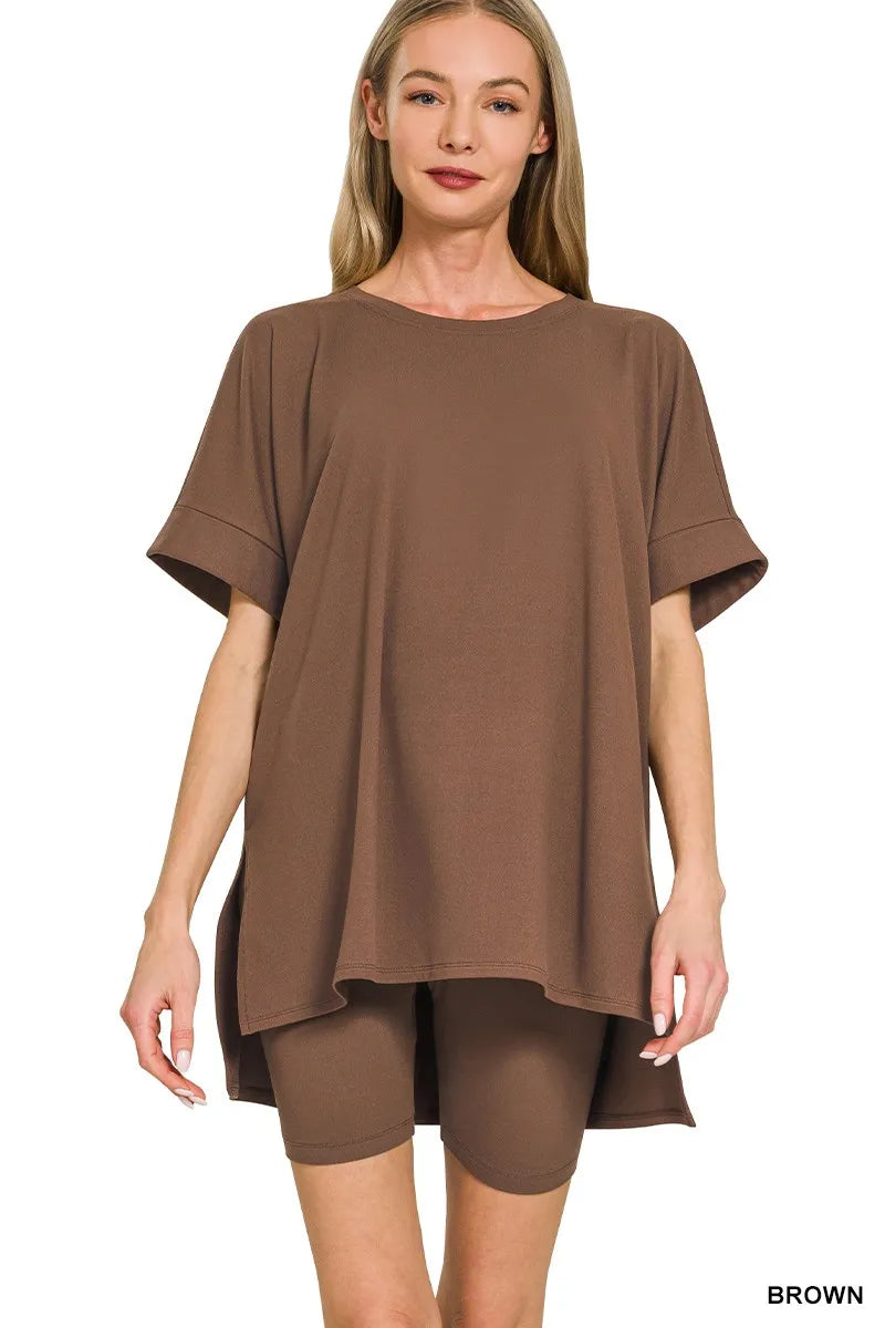 Zenana Full Size Brushed Dty Microfiber Round Neck Top and Biker Shorts Set Plus Size