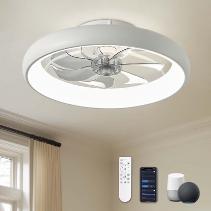 Ceiling Fans with Lights, Flush Mount Ceiling Fan with Alexa/Google Assistant/App Control, Low Profile Ceiling Fan with 6 Wind Speeds, LED Ceiling Fan for Bedroom, Kitchen 20“ (White)-0