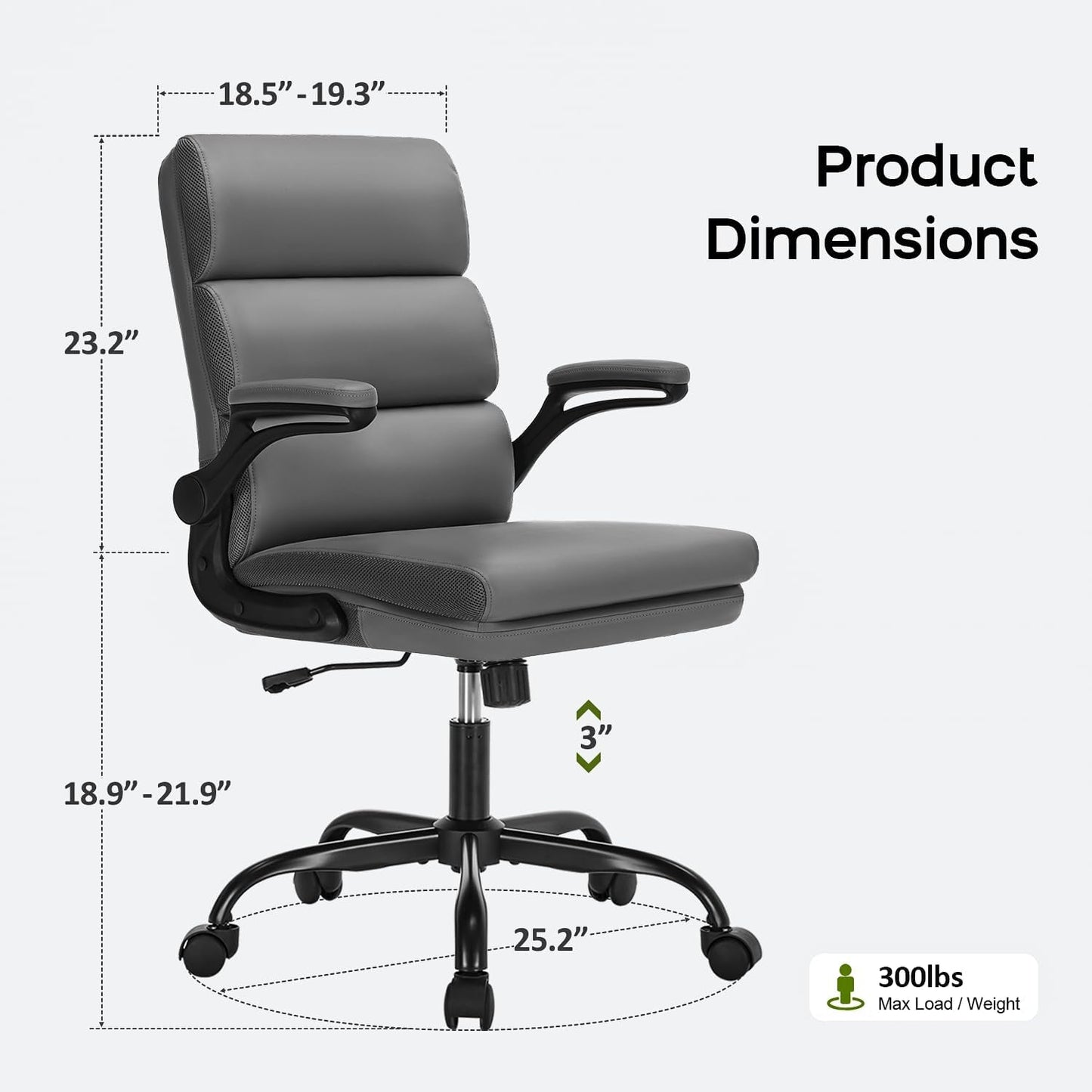 Office Chair Adjustable Desk Chair Mid Back Executive Comfortable Bonded Leather Ergonomic Back Support Home Computer Chair with Padded Flip-Up Armrest Swivel Wheels (Gray)-1