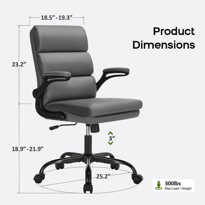 Office Chair Adjustable Desk Chair Mid Back Executive Comfortable Bonded Leather Ergonomic Back Support Home Computer Chair with Padded Flip-Up Armrest Swivel Wheels (Gray)-1