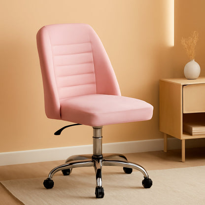 PU Leather Armless Office Chair, Mid Back Desk Chair, Computer Task Chair, Modern Vanity Chair with Rolling Wheels, Metal Base Pink-0