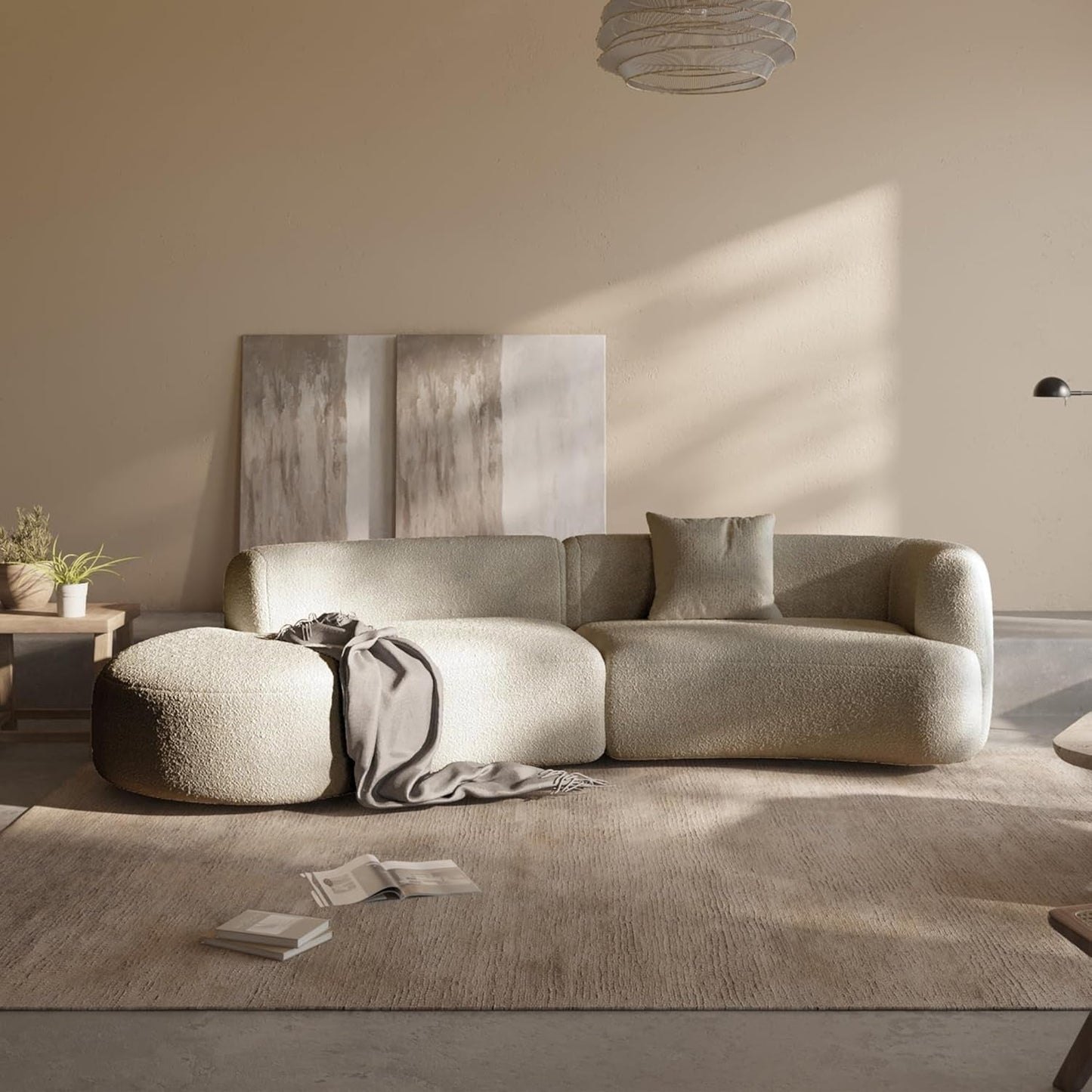 Modern Curved Sectional Living Room Couch, Minimalist Comfy Boucle Fabric Modular Sofa for Apartment, Home Office, Left Hand Facing, Light Coffee-0