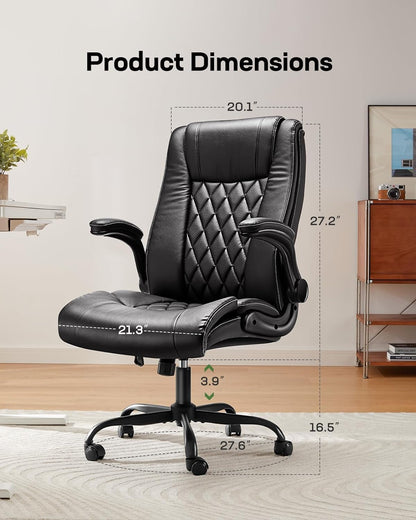 Executive Office Chair with Flip-Up Armrests,Pu Leather Ergonomic Desk Chair Height-Adjustable Swivel Rolling Computer Desk Chair,Black-1