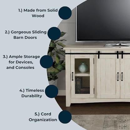 Rustic 65” Solid Wood TV Stand with Storage, All Antique White-3