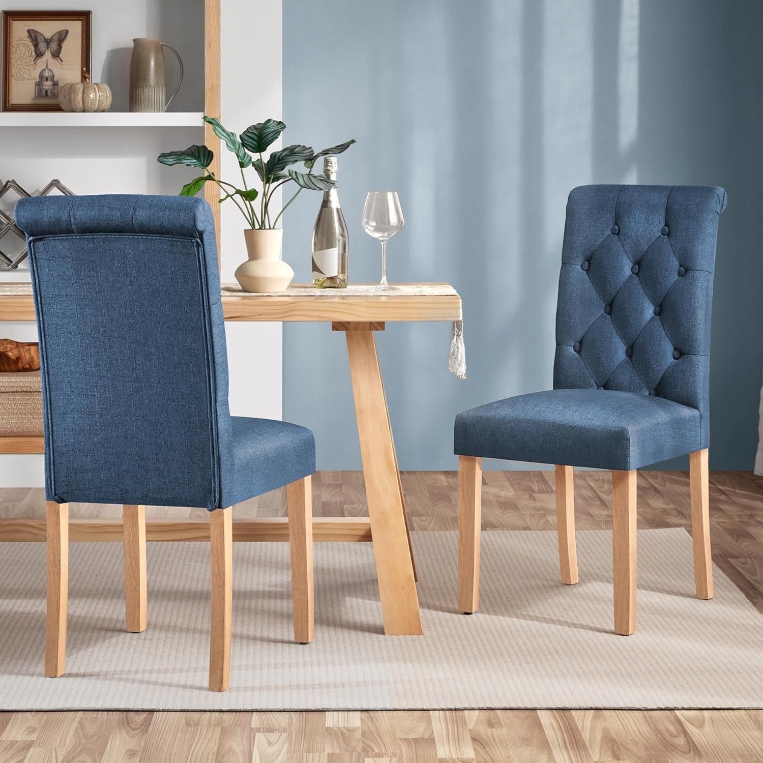Dining Chairs Set of 2 Button Tufted Parsons Kitchen Chairs Upholstered Fabric Dining Room Chairs with Solid Wood Legs and Padded Seat for Dining Room, Kitchen, Restaurant, 1 Package, Blue-1