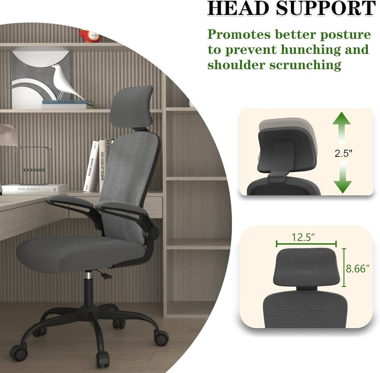 Ergonomic Mesh Office Chair, High Back Computer Desk Chair with Adjustable Lumbar Support & Headrest, Swivel Task Chair with Flip-Up Armrests for Home & Office (English, Dark Grey)-3
