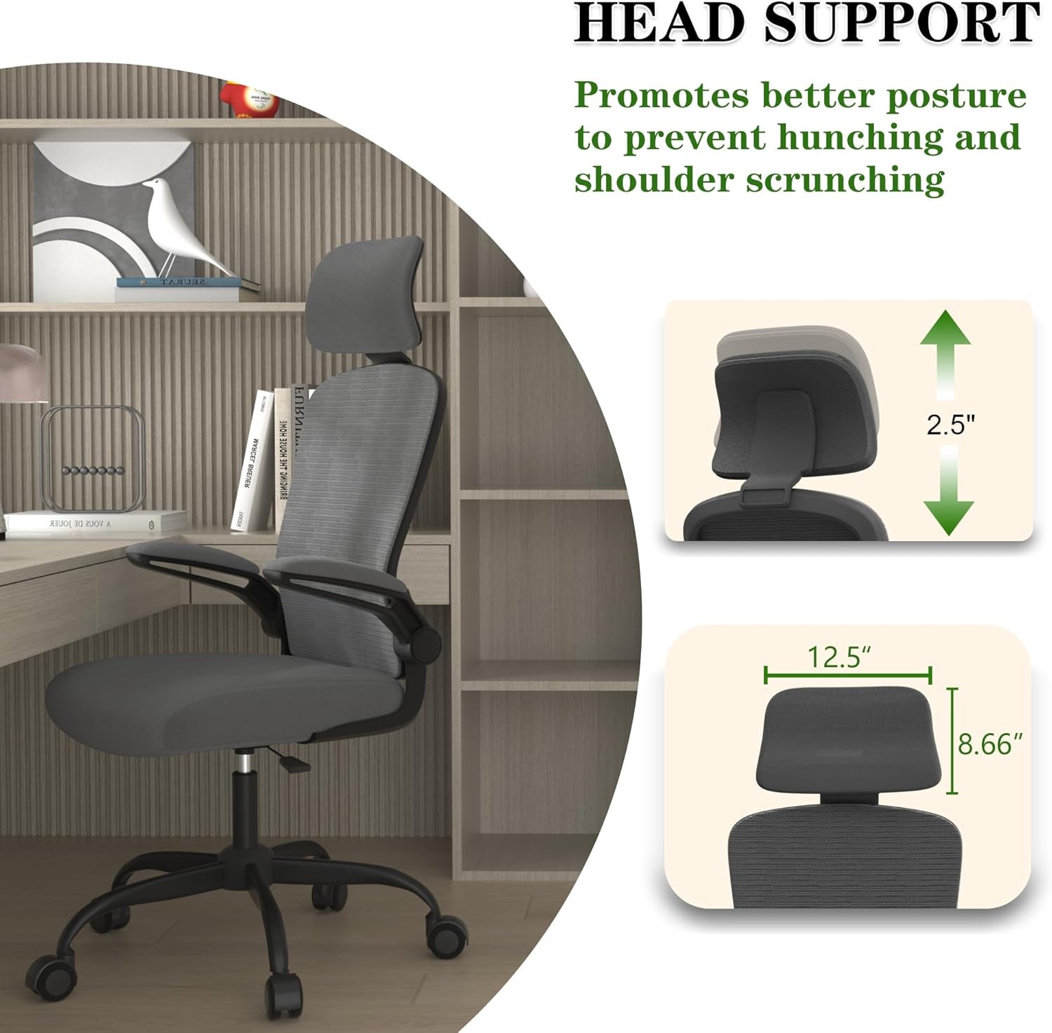 Ergonomic Mesh Office Chair, High Back Computer Desk Chair with Adjustable Lumbar Support & Headrest, Swivel Task Chair with Flip-Up Armrests for Home & Office (English, Dark Grey)-3