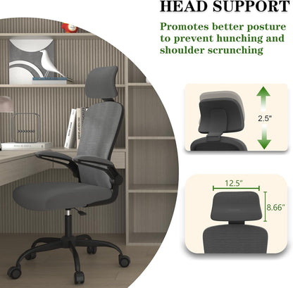Ergonomic Mesh Office Chair, High Back Computer Desk Chair with Adjustable Lumbar Support & Headrest, Swivel Task Chair with Flip-Up Armrests for Home & Office (English, Dark Grey)-3