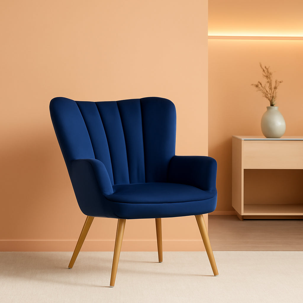 Modern Blue Velvet Wingback Chair with Metal Legs-0