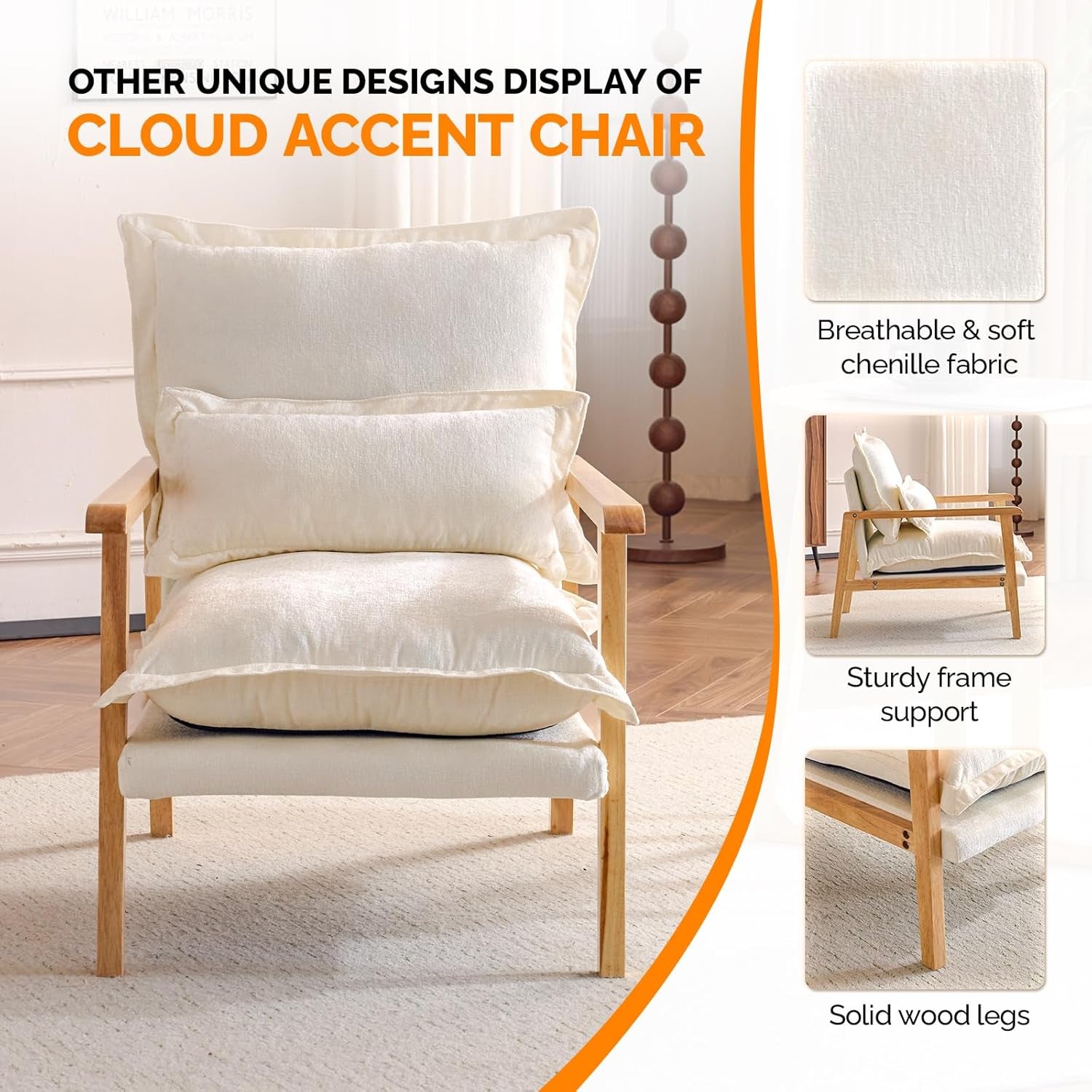 Cloud Accent Armchairs Pair Beige Chenille Lumbar Pillow-4