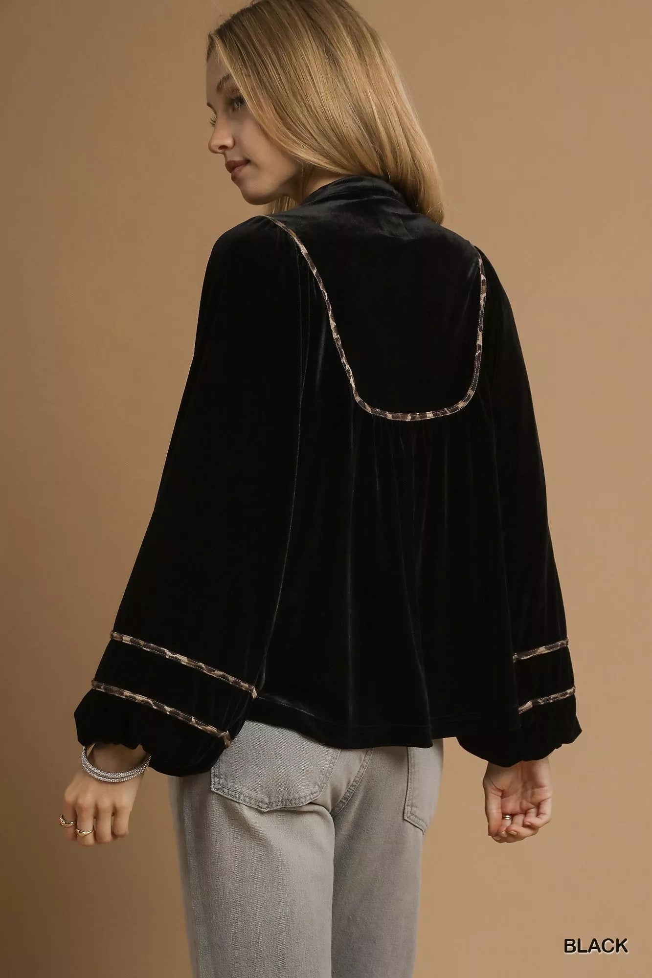 Umgee Velvet Long Sleeve Blouse with Contrast Trim