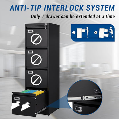 File Cabinet - 4 Drawers Vertical 17.8" Deep Lockable Filing Cabinet Black Metal Storage Cabinets for Home Office to Hanging Files Letter/Legal/F4/A4 Size-3