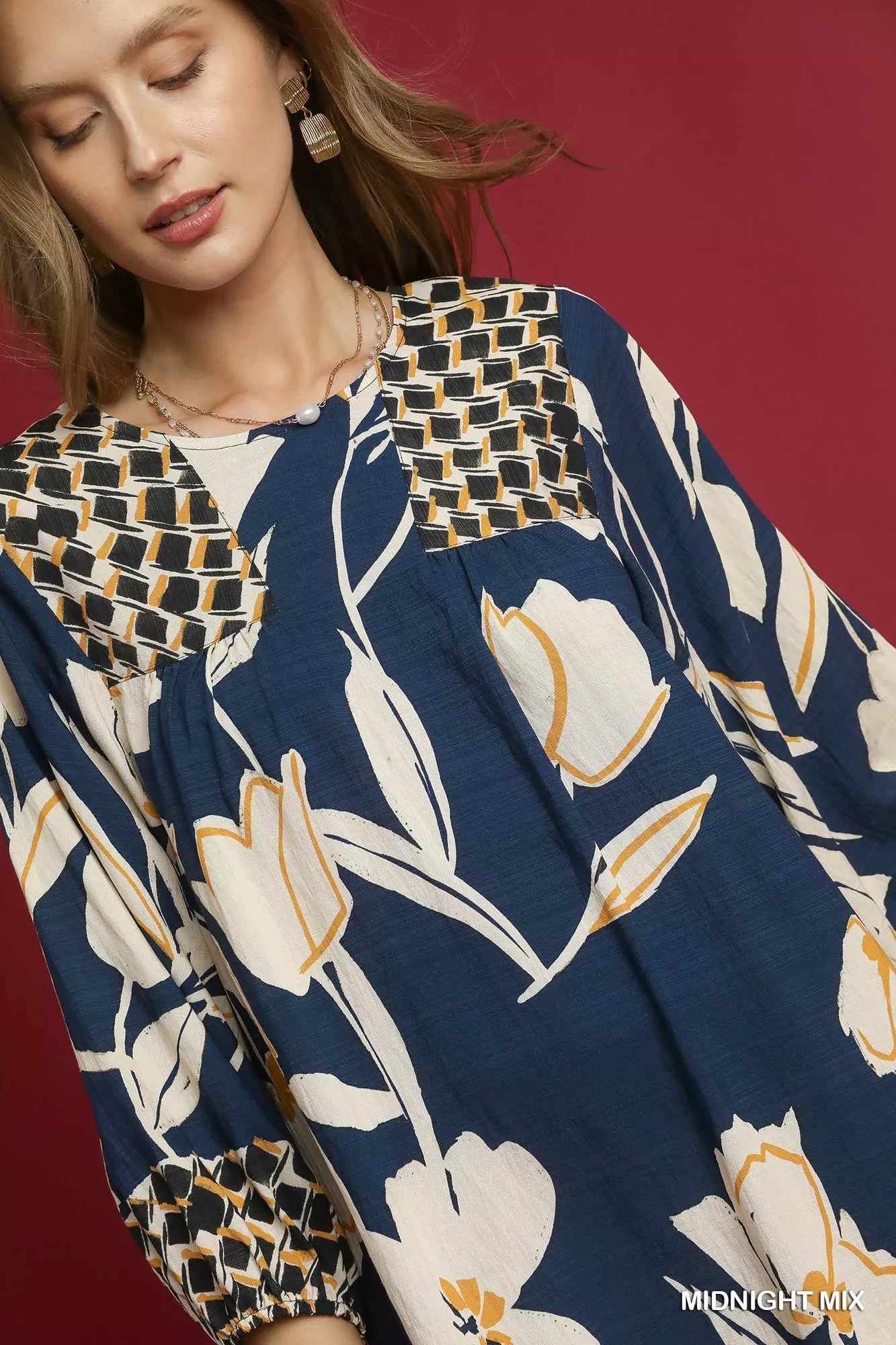 Umgee Navy Floral High-Low Babydoll Day Dress SM/MED/LG