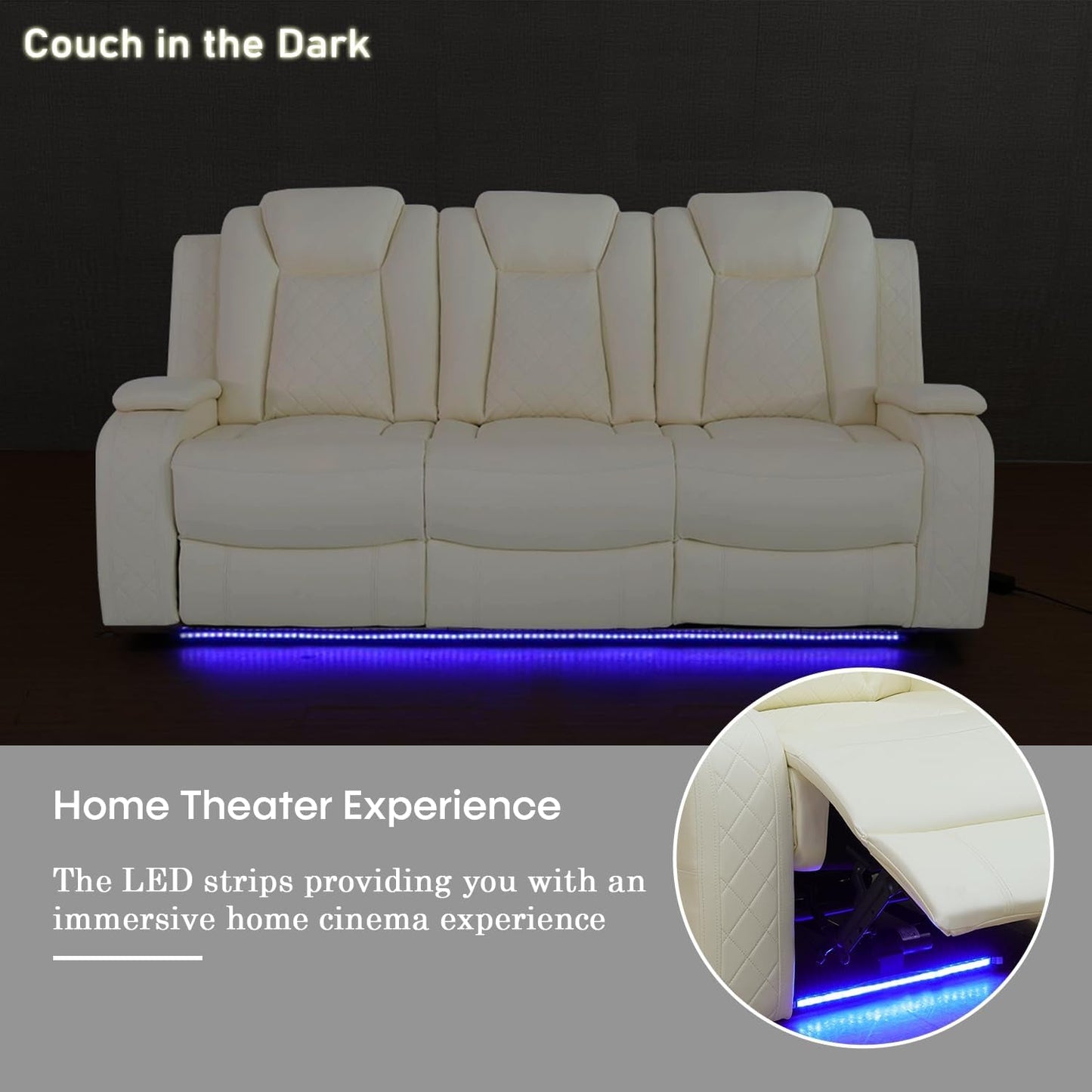 Power Recliner Sofa Set with LED Lights,Leather Reclining Sofa with USB Port/Wireless Charger/Storage Console/Cup Holder,Living Room Furniture Set for House/Home Theater(3 Piece Set,Creamy)-4